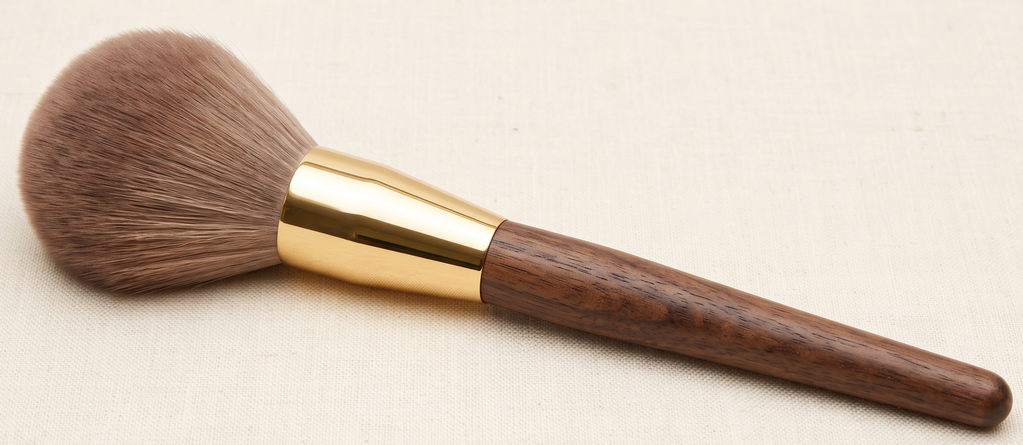 Large, dome-shaped fluffy powder brush with a wood handle and gold ferrule on cream linen