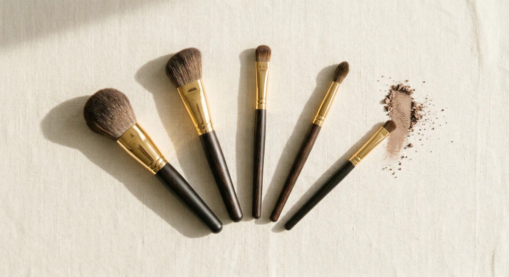 Seven essential makeup brushes arranged in a deliberate arc on cream linen with a warm taupe eyeshadow swatch beside the smallest brush