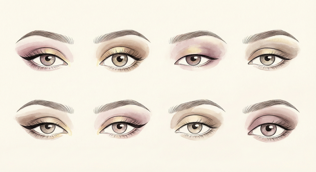 Illustration showing 8 different eye shapes with labeled makeup techniques