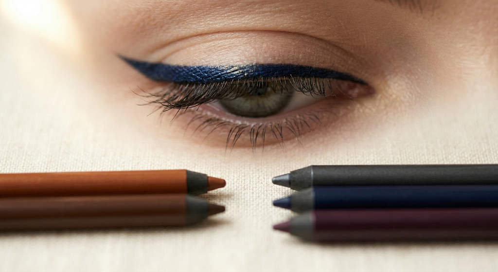 Close-up of a styled eye wearing soft warm brown liner, with eyeliner pencils in warm and cool neutral tones resting on cream linen in soft focus