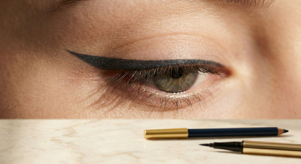 Precise cat-eye liner on a single eye demonstrating eyeliner technique for different eye shapes