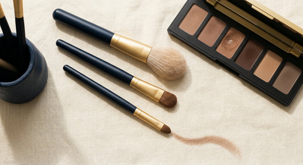 Flat-lay of three eyeshadow brushes beside a matte neutral palette on a cream linen surface, with a soft taupe shadow swatch