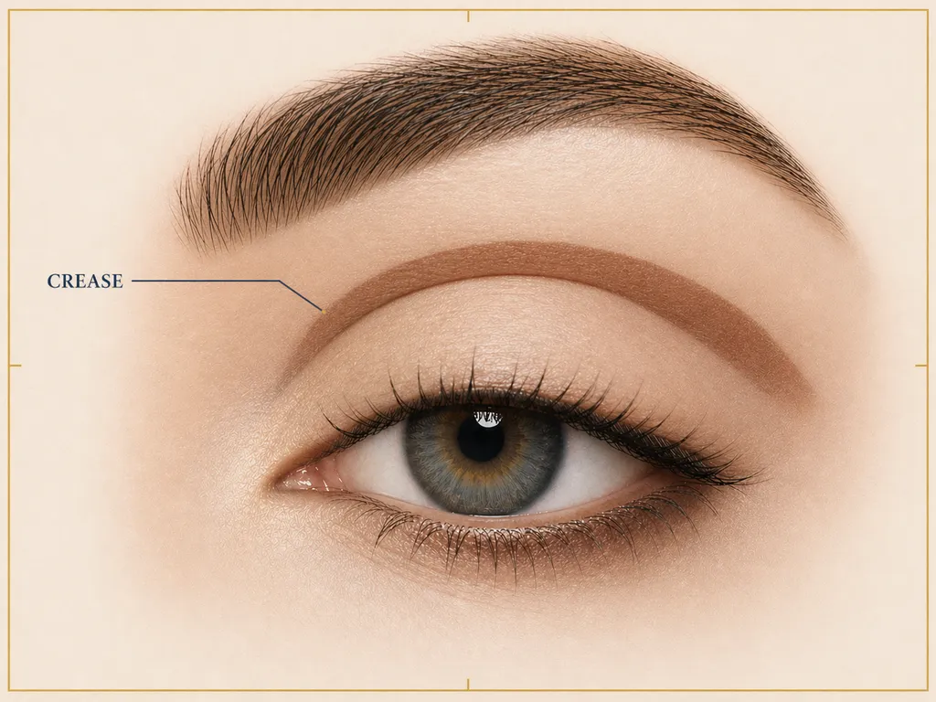 Crease zone highlighted along the socket line of the eye