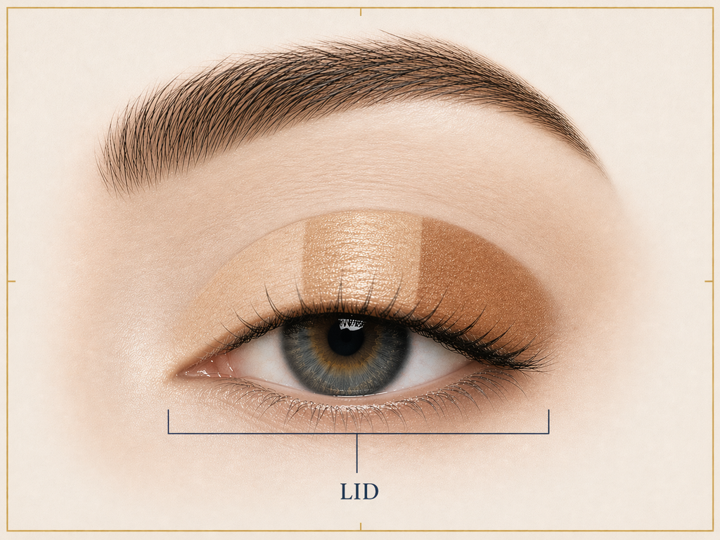 Lid zone highlighted on the mobile eyelid from lash line to crease