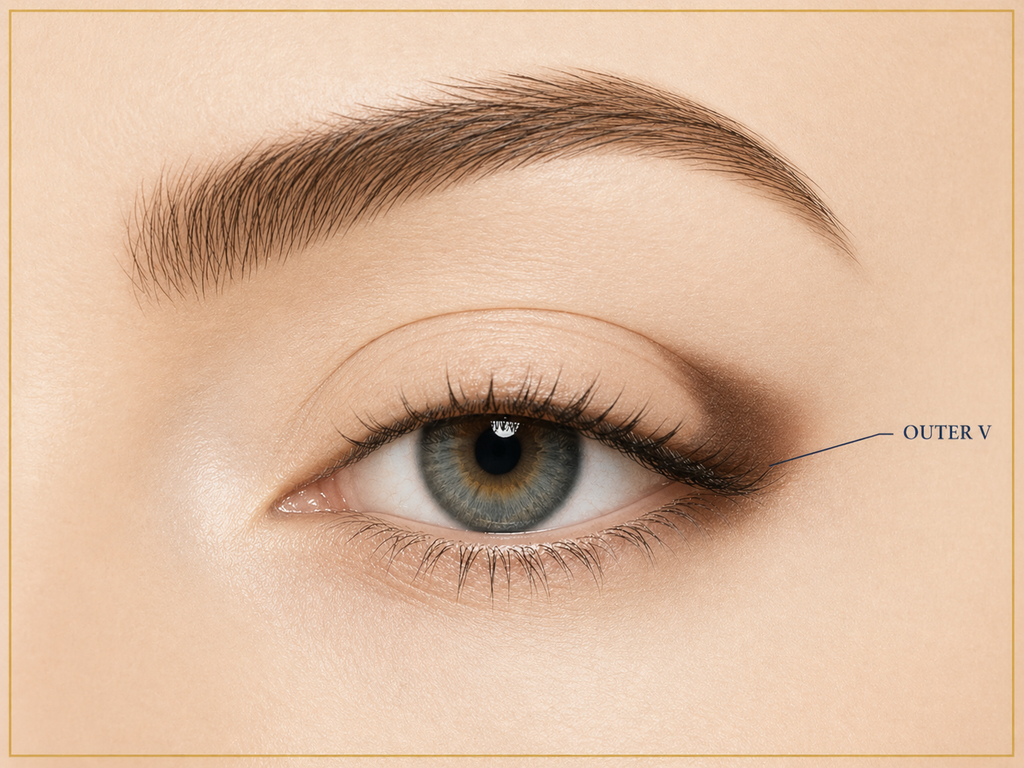 Outer V zone highlighted where the upper and lower lash lines meet at the outer corner