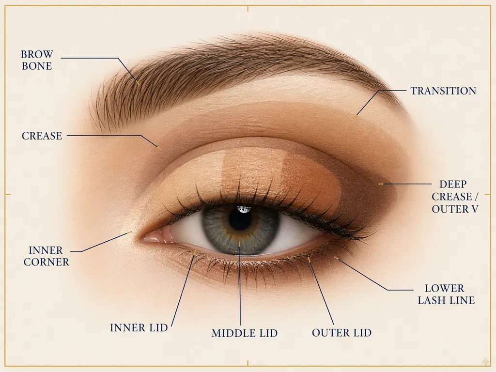 Overview of all seven eyeshadow zones on the eye, numbered and labeled