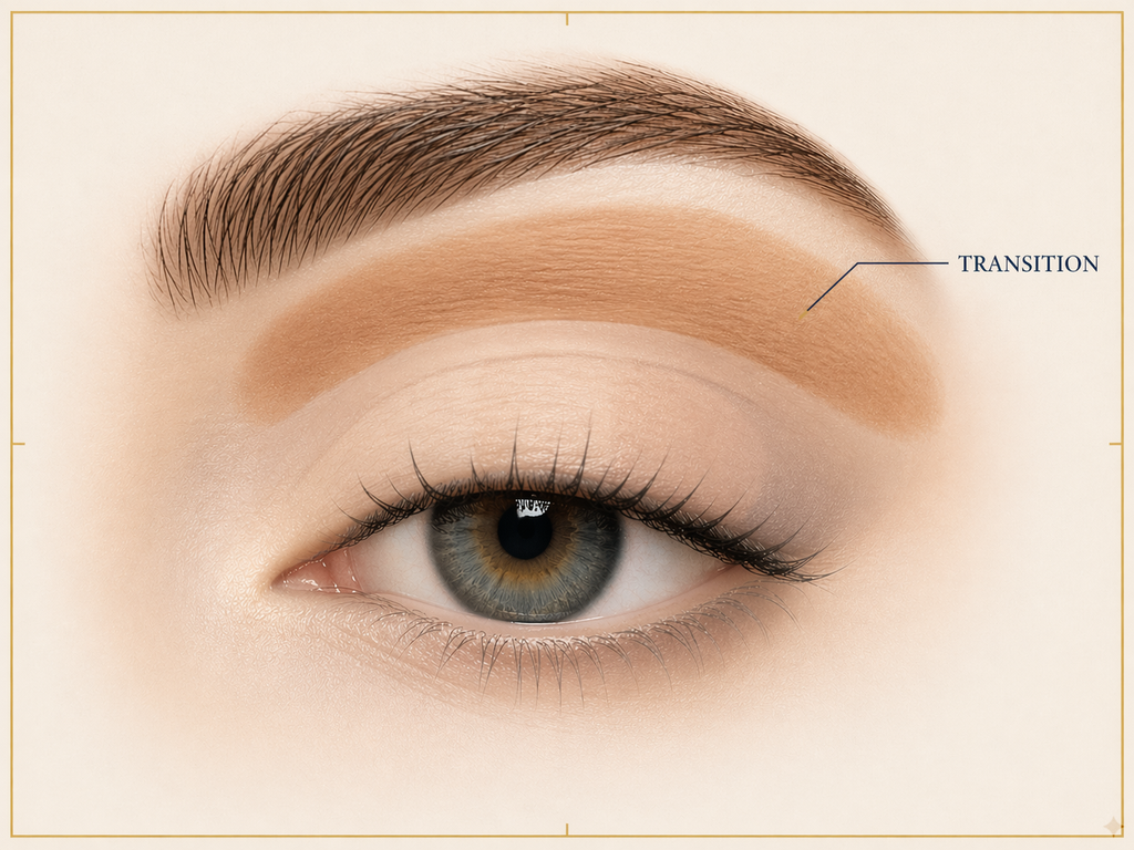 Transition zone highlighted above the crease and below the brow bone