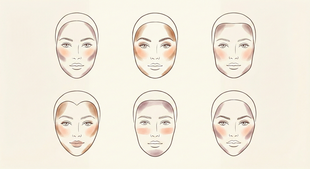 Face shape makeup guide showing contour and blush placement for 6 face shapes