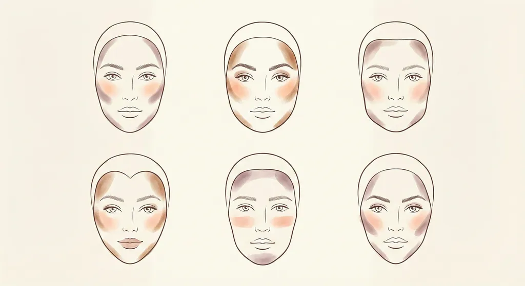 Face shape makeup guide showing contour and blush placement for 6 face shapes