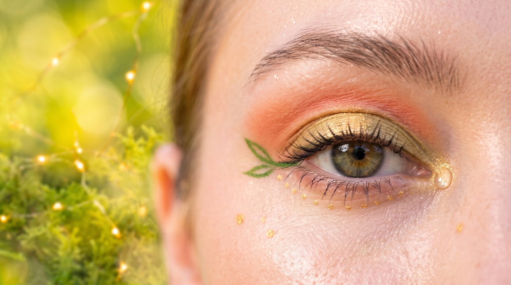 Close-up of a single eye with glowy dewy skin, a sheer iridescent pink-gold wash, a delicate vine-shaped graphic liner, and a tiny glossy dew-drop accent at the inner corner