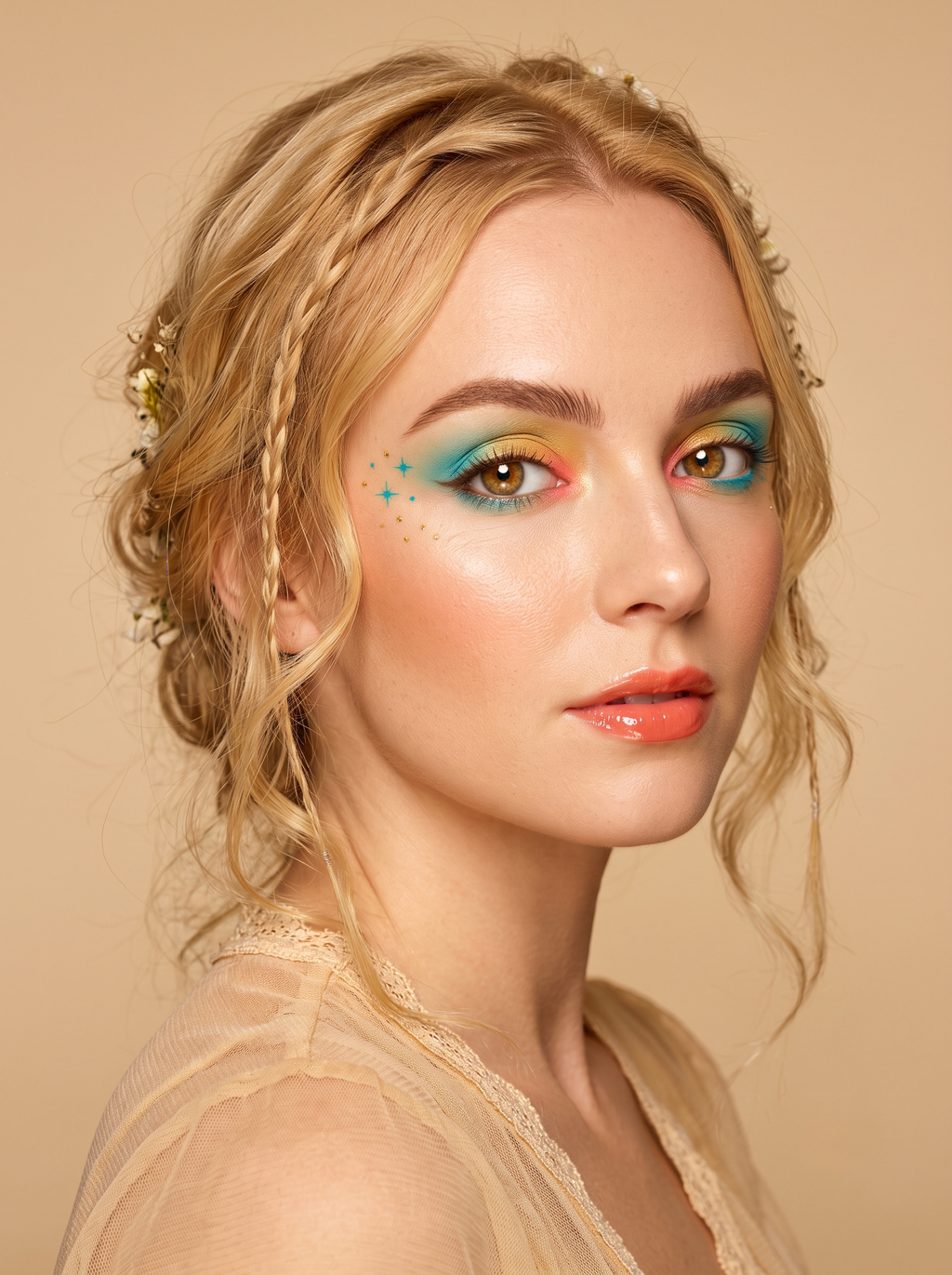Bright Spring eye with a warm-gold-to-turquoise gradient wash, a true coral flicker at the inner corner, a concentrated warm-gold shimmer over the pupil, and crisp sparkle stars trailing the outer corner, warm vivid coloring
