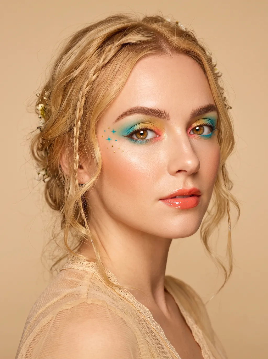 Bright Spring eye with a warm-gold-to-turquoise gradient wash, a true coral flicker at the inner corner, a concentrated warm-gold shimmer over the pupil, and crisp sparkle stars trailing the outer corner, warm vivid coloring