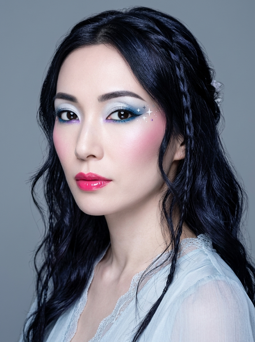 Bright Winter eye with a bright icy silver-white canvas, a clear emerald jewel over the outer half, a bright amethyst prismatic tap at the inner corner, and crisp silver stars trailing the outer corner, cool vivid coloring