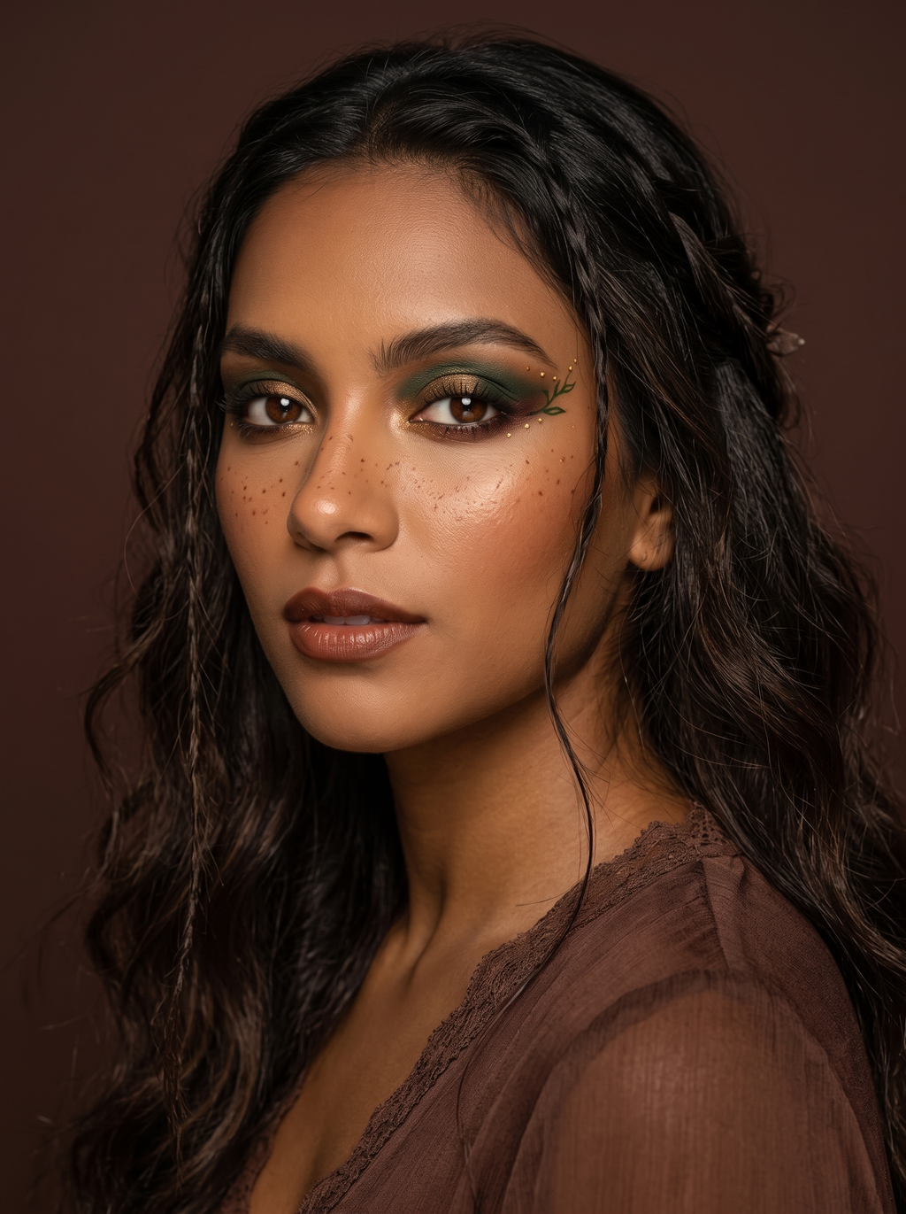 Dark Autumn eye with a deep espresso-to-emerald-pine two-tone wash, an oxblood-wine shadow at the outer corner, a rich bronze-gold shimmer concentrated over the pupil, and gold dots trailing the wing line, warm deep coloring