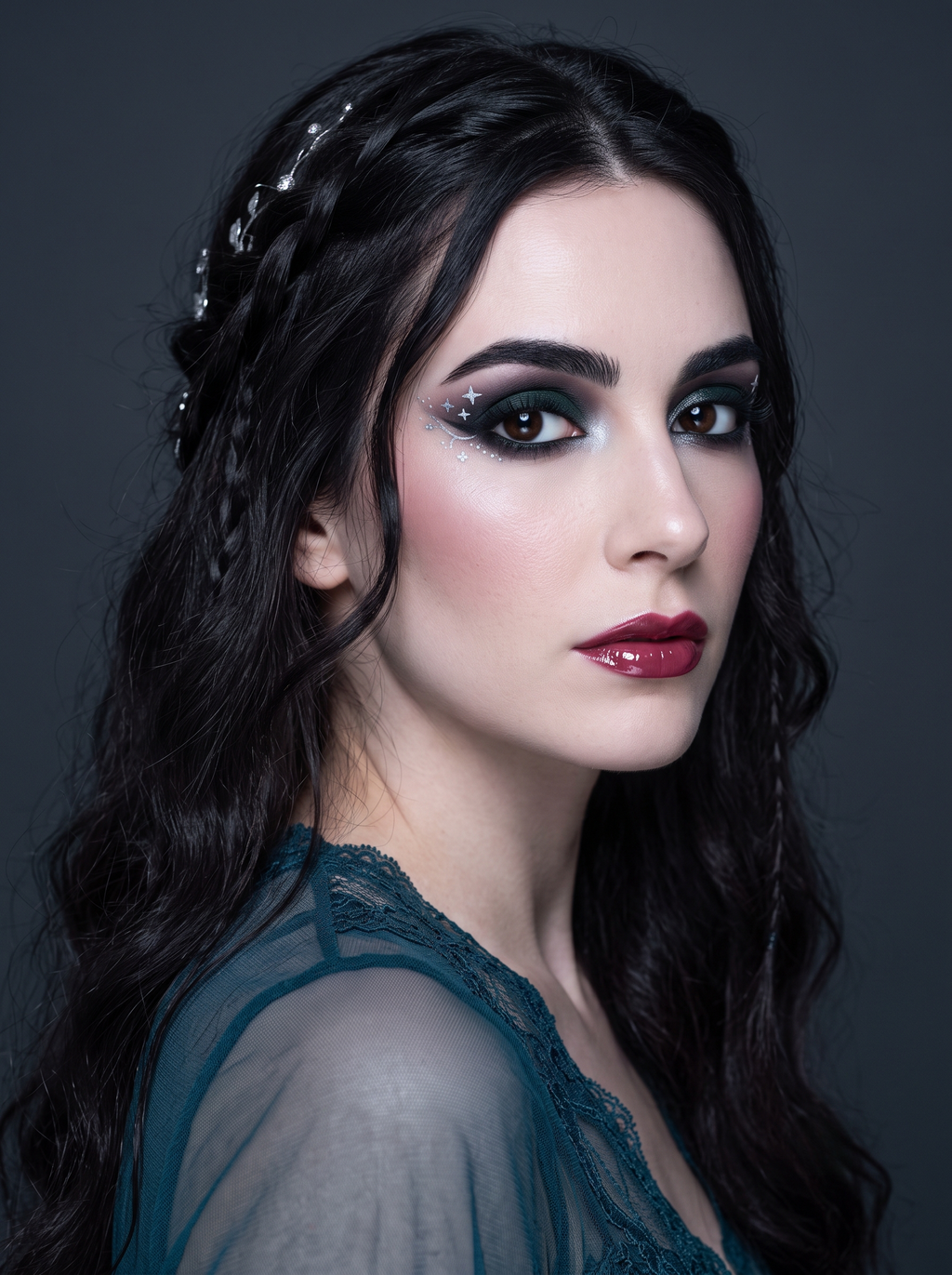Dark Winter eye with a deep pine-to-blackberry two-tone wash, a charcoal-deepened outer corner, a glossy icy-silver dew-drop gel accent at the inner corner reading as moonlight, and crisp silver stars trailing the outer corner, cool deep coloring