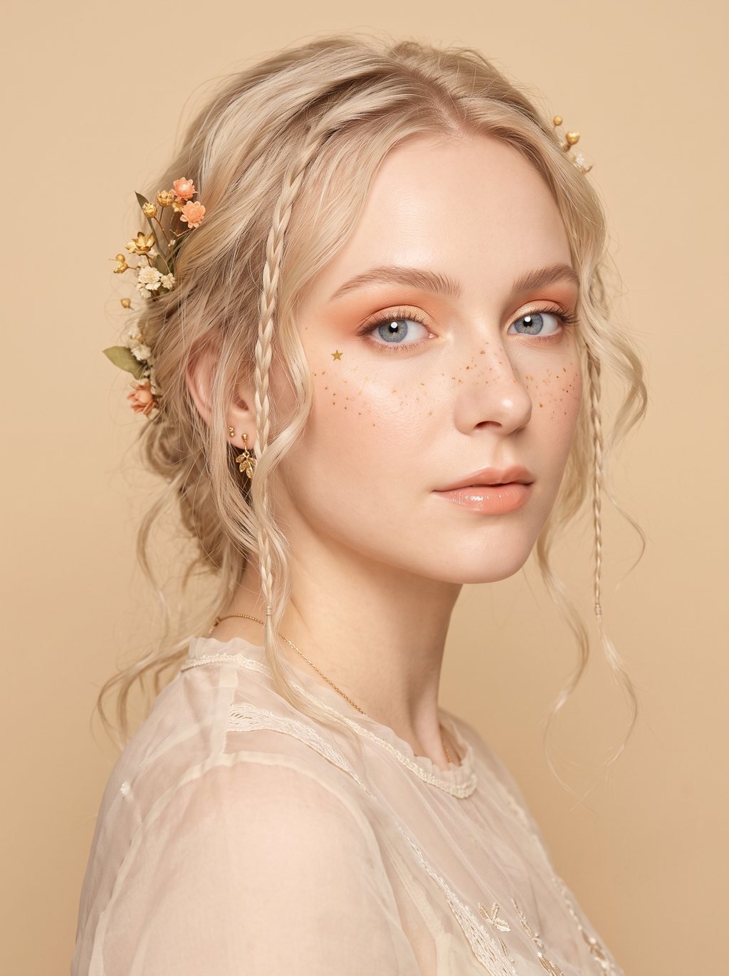 Light Spring eye with a sheer peach-to-coral two-tone wash, a floated warm-apricot crease, a concentrated point of honey-gold shimmer over the pupil, and tiny hand-drawn freckles trailing along the outer corner, glowy warm-light coloring