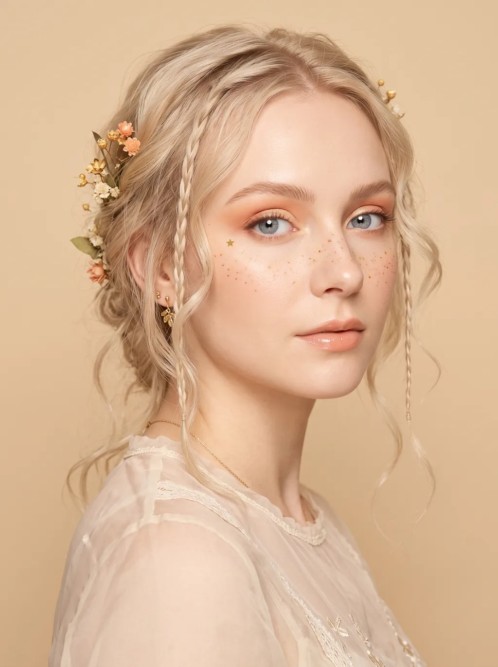Light Spring eye with a sheer peach-to-coral two-tone wash, a floated warm-apricot crease, a concentrated point of honey-gold shimmer over the pupil, and tiny hand-drawn freckles trailing along the outer corner, glowy warm-light coloring