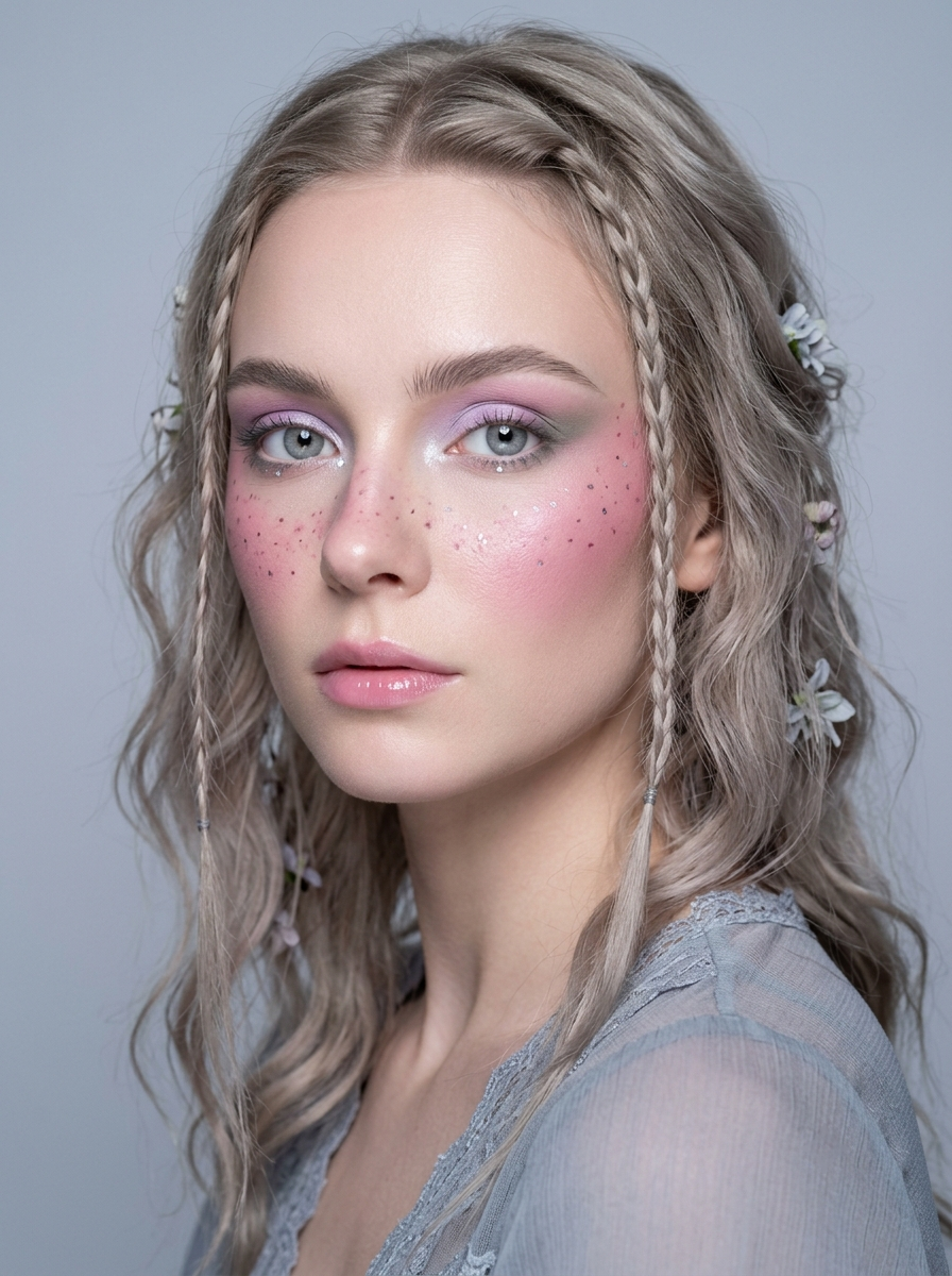 Light Summer eye with a soft lilac-to-rose two-tone wash, a whisper of gray-green at the outer corner, a glossy silver dew-drop gel accent at the inner corner, and cool-toned freckles trailing the outer corner, cool light coloring