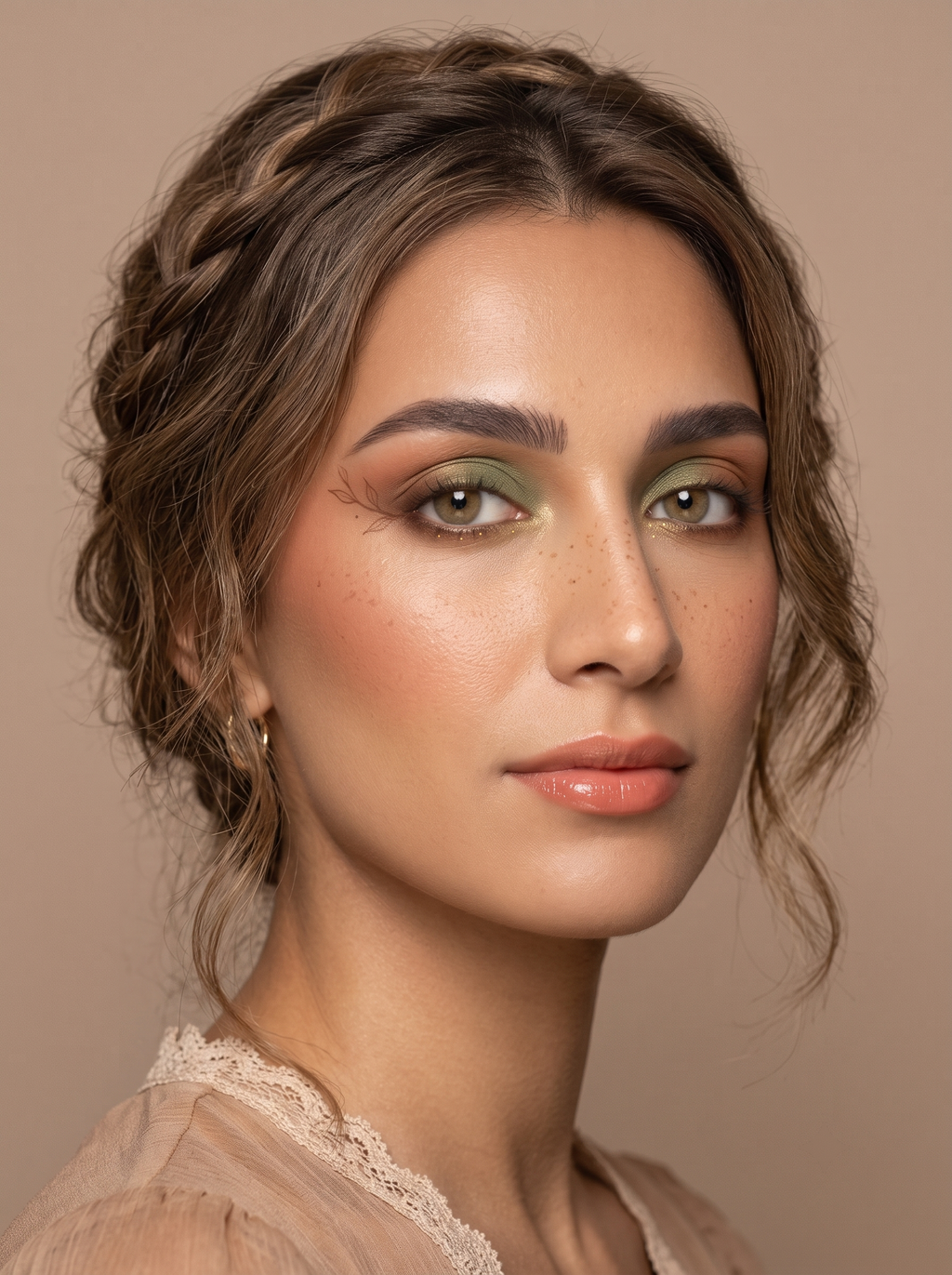Soft Autumn eye with a muted moss-green-to-bronze two-tone wash, a muted terracotta outer-corner tap, a soft antique-gold glow at the center of the lid, and warm sun-freckles trailing the outer corner, muted warm coloring