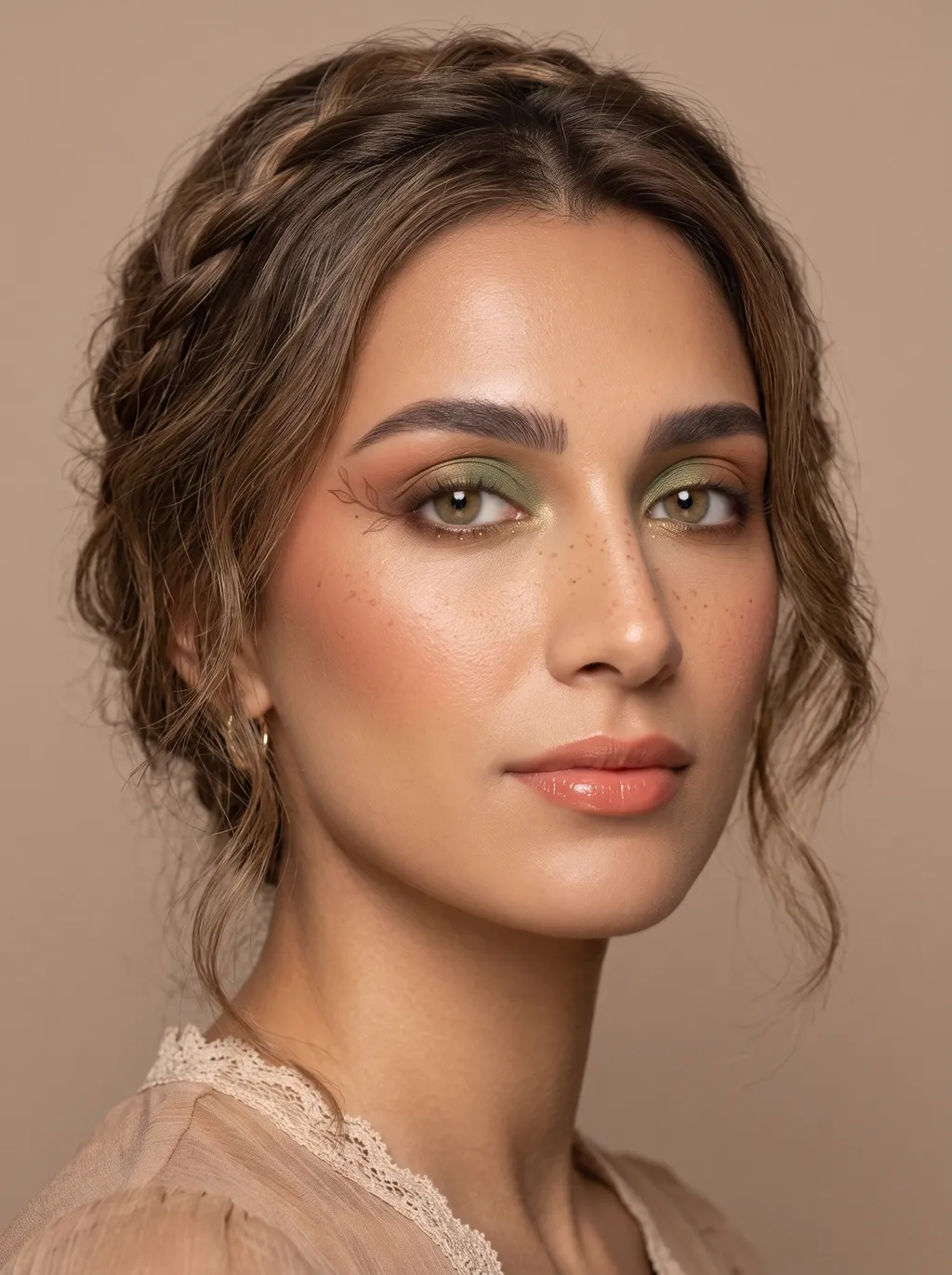 Soft Autumn eye with a muted moss-green-to-bronze two-tone wash, a muted terracotta outer-corner tap, a soft antique-gold glow at the center of the lid, and warm sun-freckles trailing the outer corner, muted warm coloring