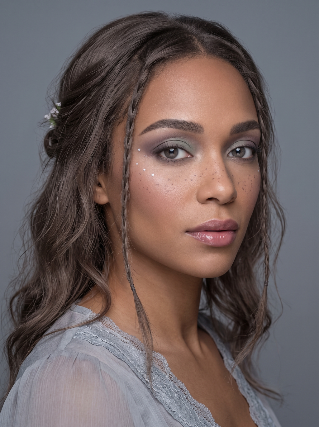 Soft Summer eye with a muted sage-gray-to-mauve-taupe-to-smoky-plum three-tone fog wash, a soft cool-pearl glow at the center of the lid, and tiny gray-mauve freckles trailing the outer corner, muted cool coloring