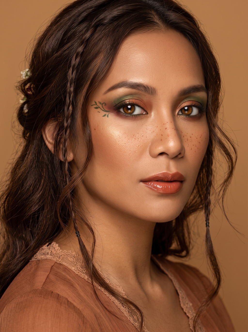 True Autumn eye with a rich copper-to-moss-green two-tone wash, an oxblood-deepened outer corner, a fine moss-green vine curl with two leaf flicks traced from the outer corner, and gold dots trailing the wing line, warm rich coloring