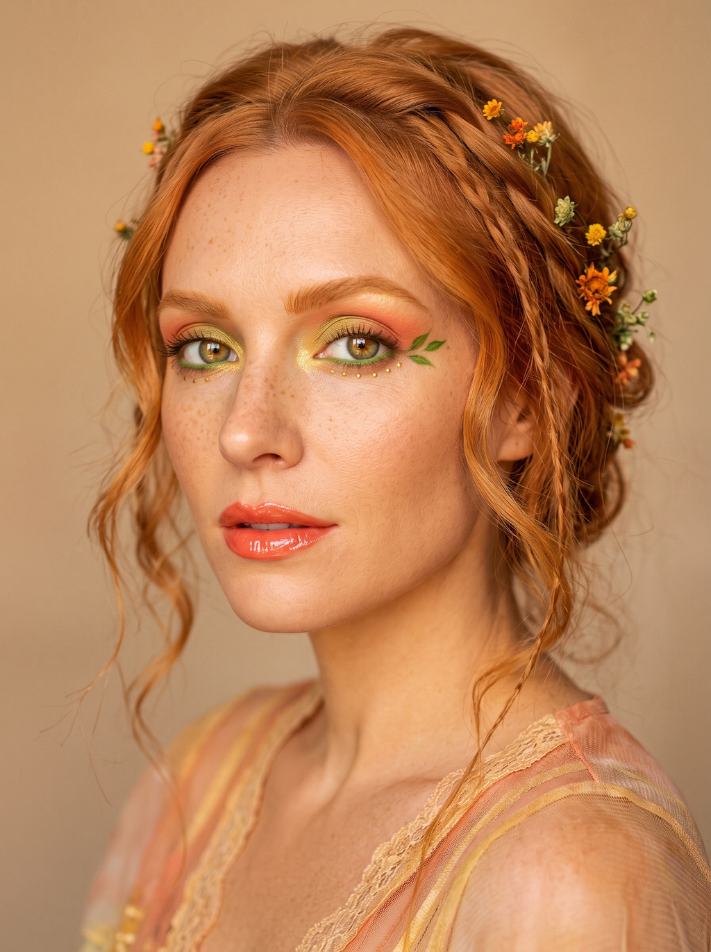 True Spring eye with a golden-green-to-coral two-tone wash, a pressed marigold shimmer concentrated over the pupil, and a clear grass-green line along the outer lower lash, warm golden coloring