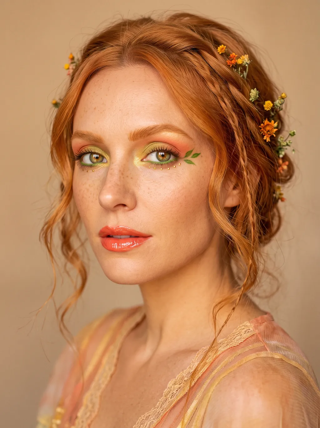 True Spring eye with a golden-green-to-coral two-tone wash, a pressed marigold shimmer concentrated over the pupil, and a clear grass-green line along the outer lower lash, warm golden coloring