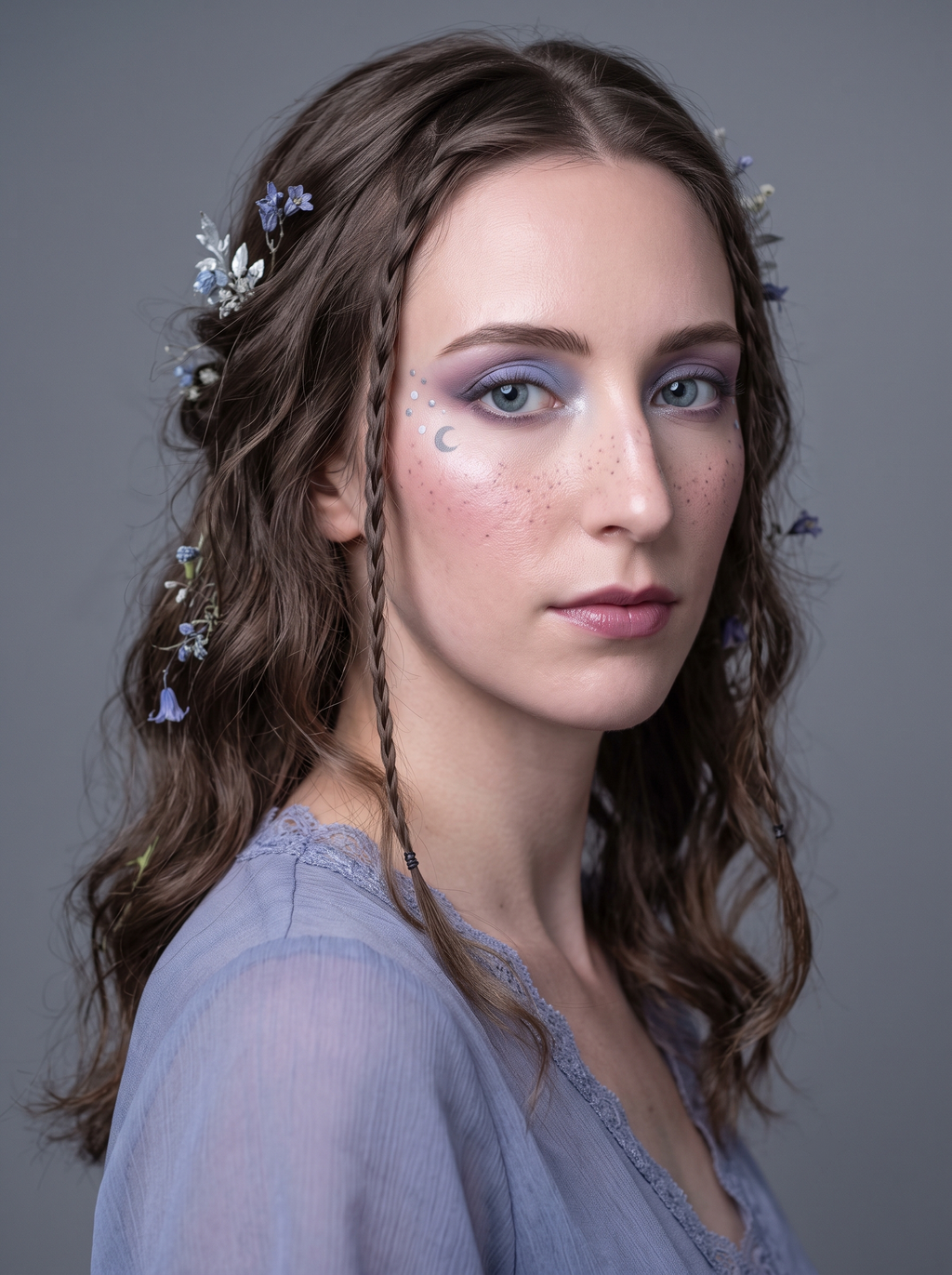 True Summer eye with a dusty periwinkle-to-plum two-tone wash, a muted teal outer-corner tap, a fine plum vine curl with two leaf flicks traced from the outer corner, and silver dots trailing toward the temple, cool balanced coloring