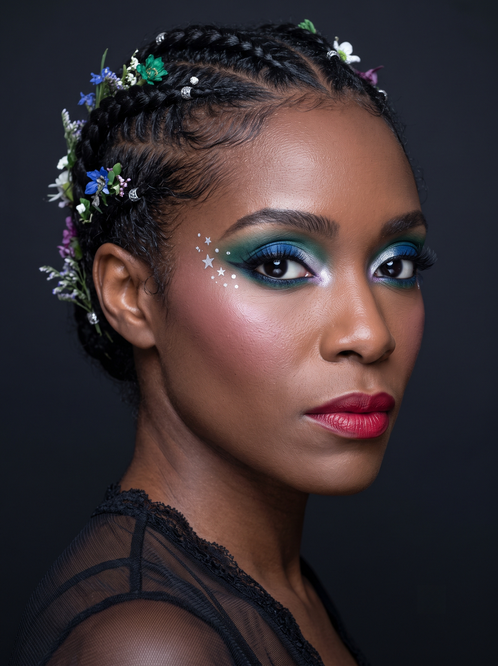 True Winter eye with a deep sapphire-to-emerald graduated wing wash, black-deepened outer corner, a cold silver shimmer concentrated over the pupil, a whisper of amethyst at the inner corner, and crisp silver stars trailing toward the temple, cool high-contrast coloring
