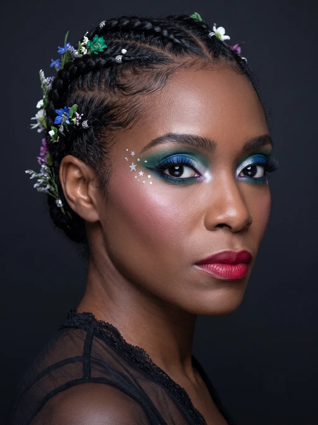 True Winter eye with a deep sapphire-to-emerald graduated wing wash, black-deepened outer corner, a cold silver shimmer concentrated over the pupil, a whisper of amethyst at the inner corner, and crisp silver stars trailing toward the temple, cool high-contrast coloring