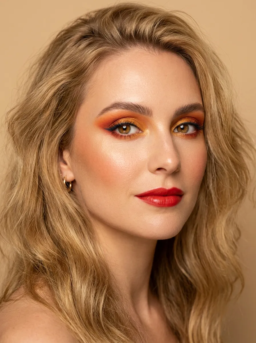 Amber-gold eyeshadow with an ember-red outer corner and a clear warm-red lip on Bright Spring coloring