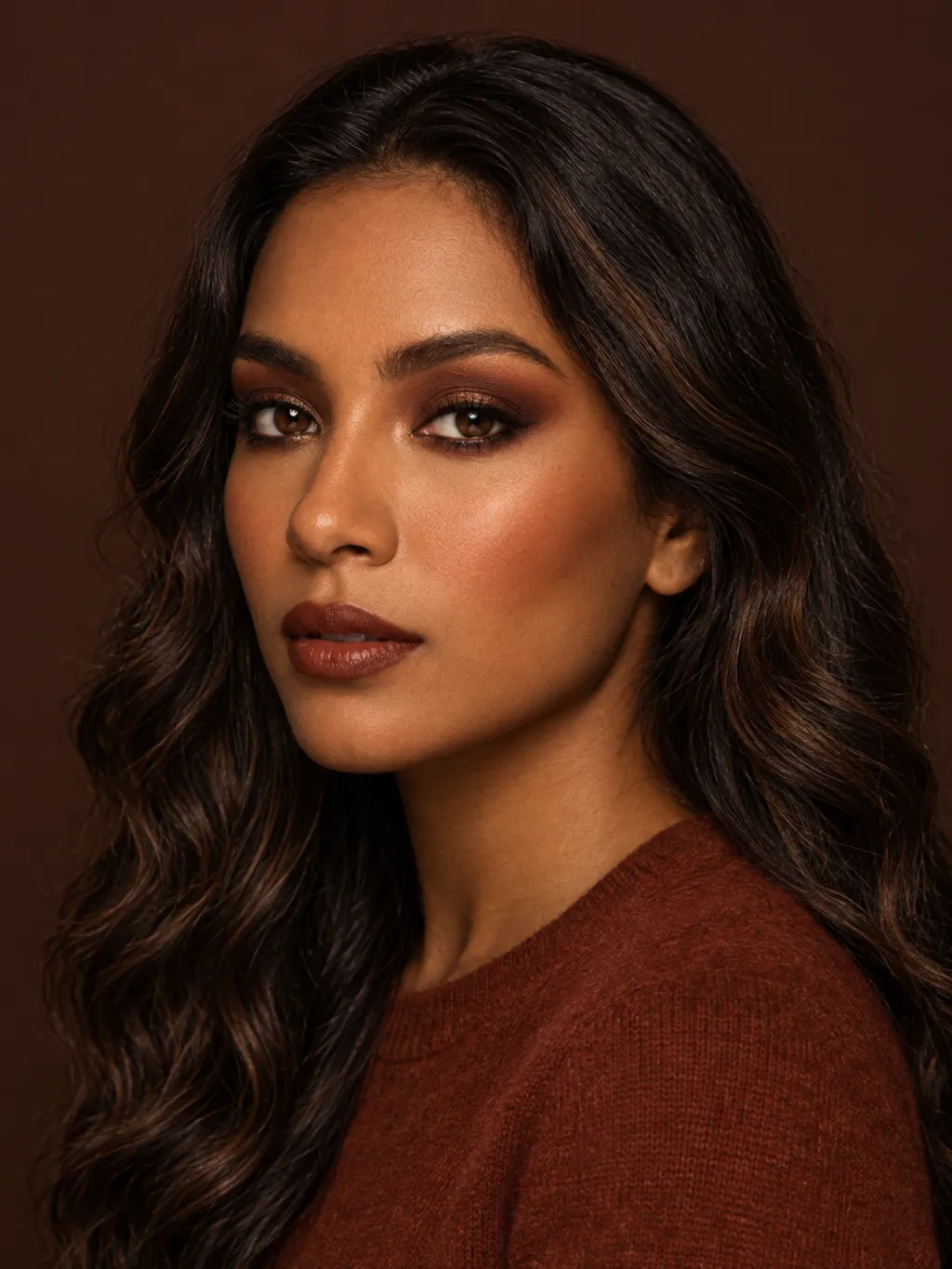 Rich-chestnut and oxblood smoky eyeshadow with a deep-bronze line over the lashes and a chestnut-oxblood lip on Dark Autumn coloring
