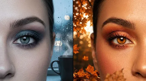 Two fall eye looks side by side: a cool blue-gray smoky eye against a rain-streaked window on the left, and a warm copper and gold eye against sunlit autumn leaves on the right