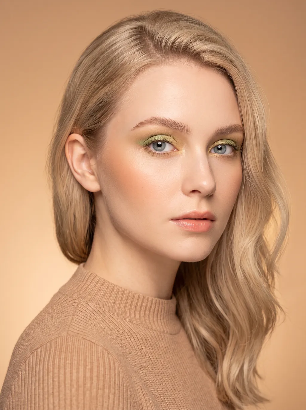 Light warm sage eyeshadow over a honey base with an apricot cheek and a light melon lip on Light Spring coloring