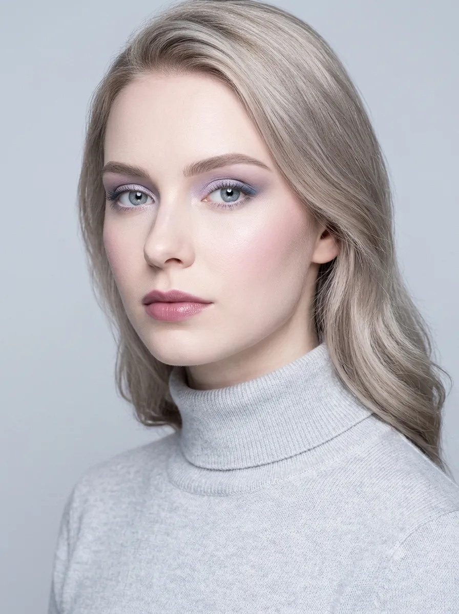 Frosted-heather eyeshadow with a soft denim-navy outer corner and a frosted-lilac inner corner on Light Summer coloring