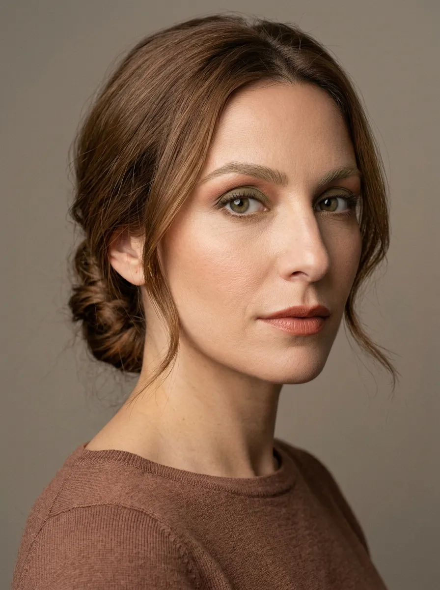 Dry-olive matte eyeshadow with a muted-terracotta crease and a lit gold line under the lower lashes on Soft Autumn coloring