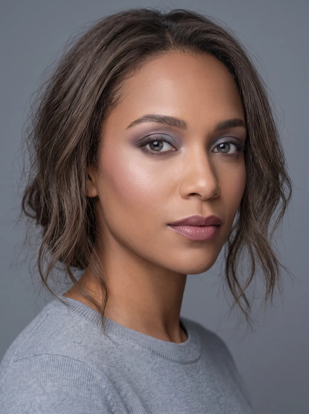 Grayed-mauve eyeshadow veiled with a storm-slate sheen and a soft-fig lip on Soft Summer coloring