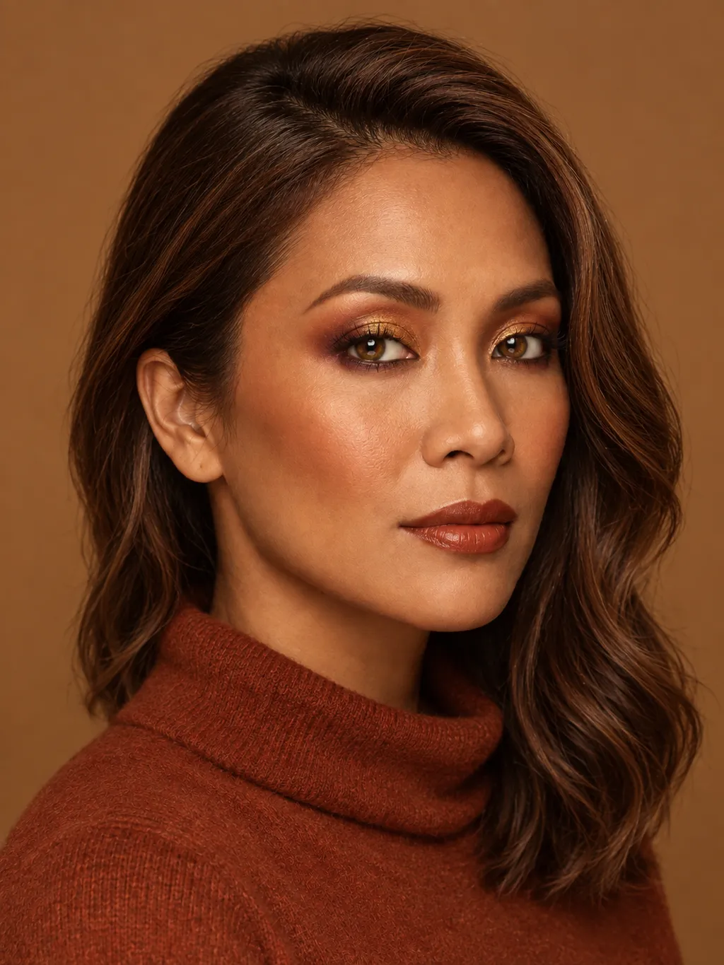 Golden-copper eyeshadow with a burnt-pumpkin crease, gold-green duochrome shift, and a warm-russet lip on True Autumn coloring