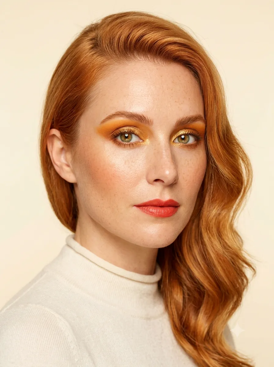 Golden-copper eyeshadow ringed with marigold-amber and a bright gold inner corner on True Spring coloring