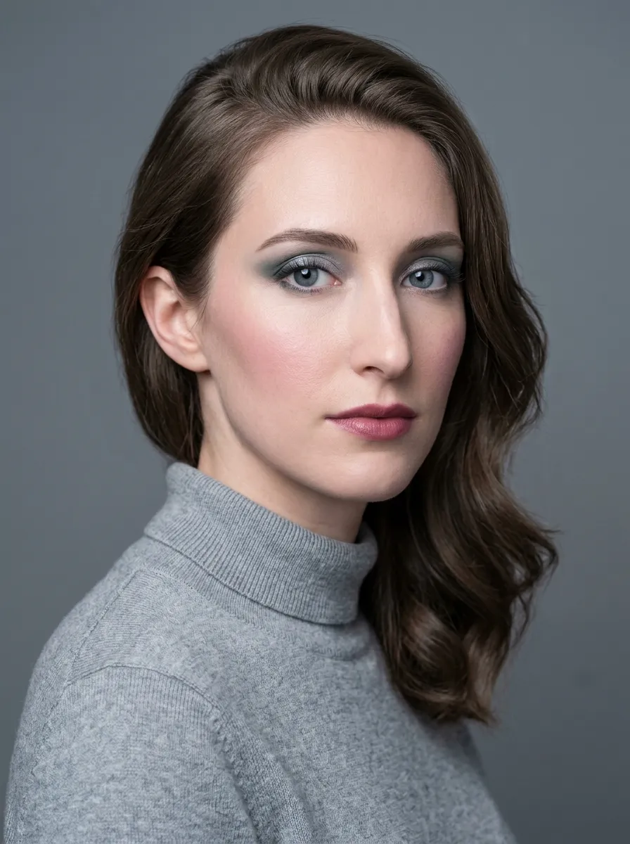 Cool-slate eyeshadow with a dusty-spruce outer corner, frosted-pewter lid, and a dusty-berry lip on True Summer coloring
