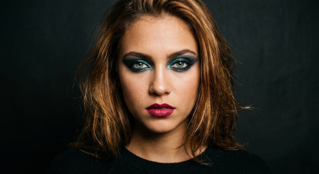 Goth-inspired Teal Glitter Smoke eye look for Bright Spring coloring