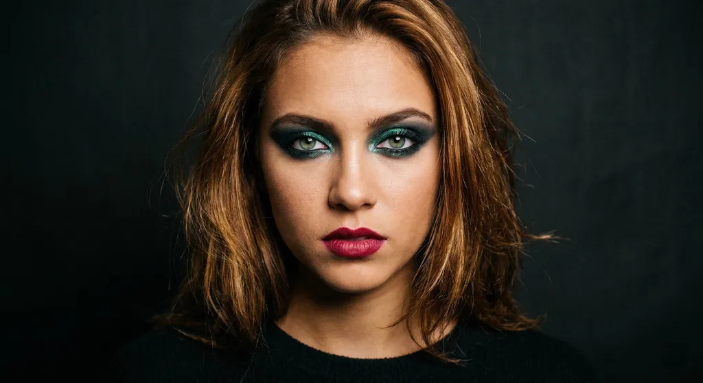Goth-inspired Teal Glitter Smoke eye look for Bright Spring coloring