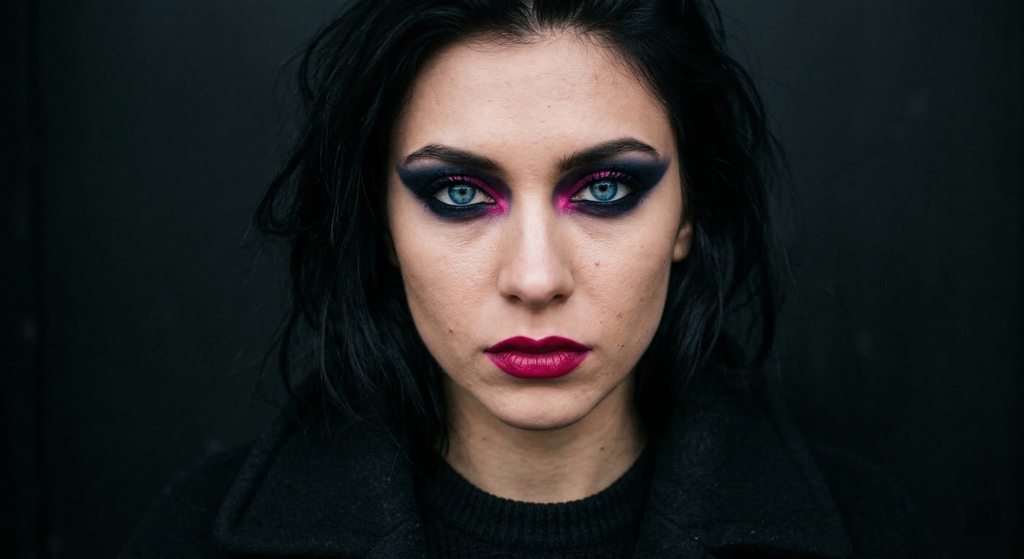 Goth-inspired Dark Navy Smoke + Magenta Pop eye look for Bright Winter coloring