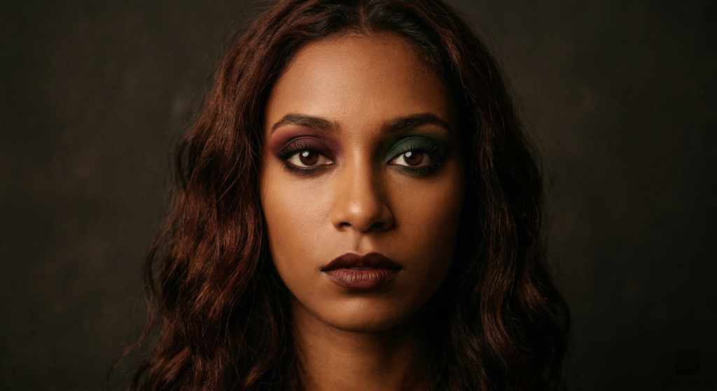 Goth-inspired Burgundy-Forest Split Eye look for Dark Autumn coloring