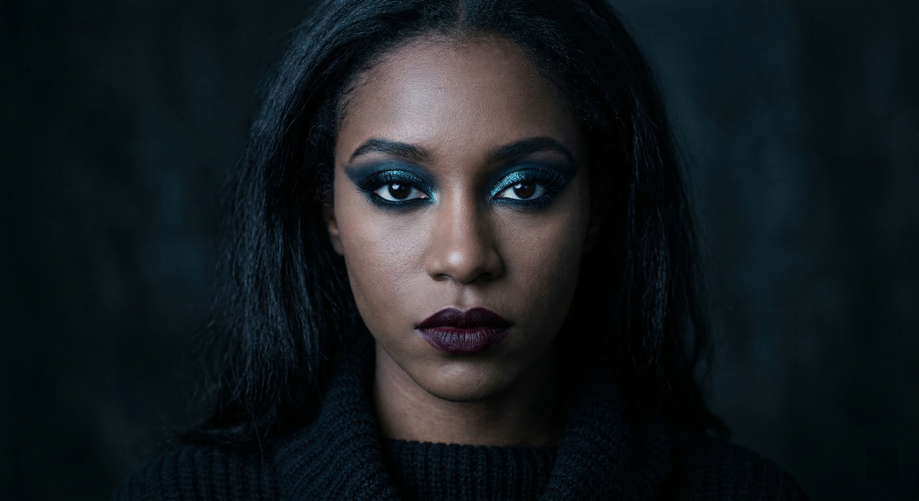 Goth-inspired Gothic Teal Glitter eye look for Dark Winter coloring