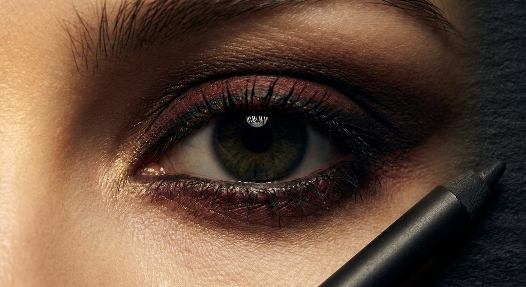 Extreme close-up of a single eye with heavy smudged kohl and oxblood shadow along the lash lines, shot against dark slate with moody low-key side lighting