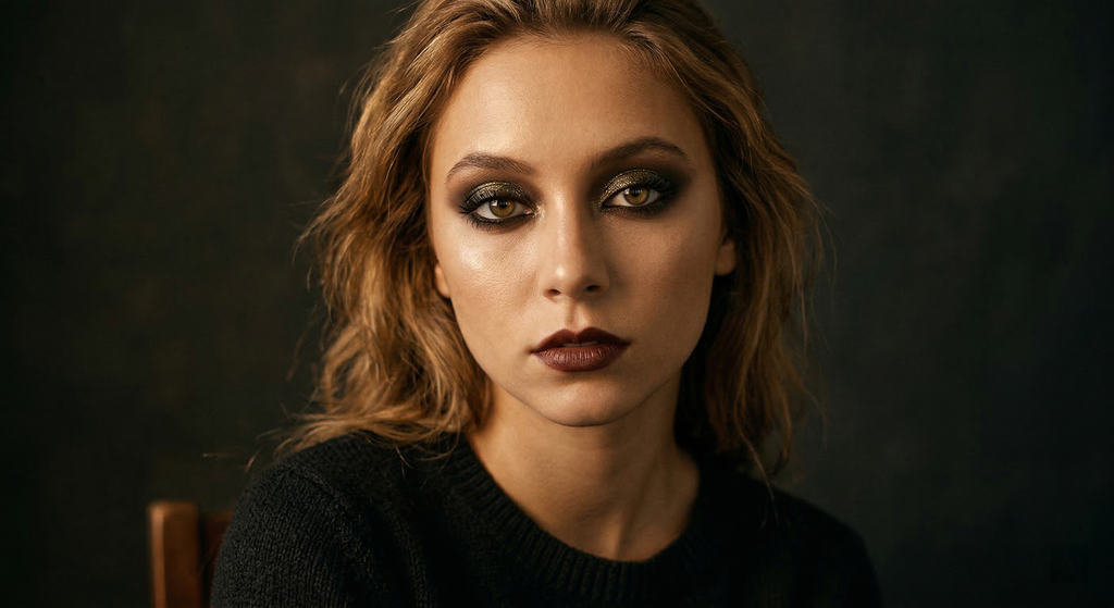 Goth-inspired Bronze-Green Glitter Smoke eye look for Soft Autumn coloring