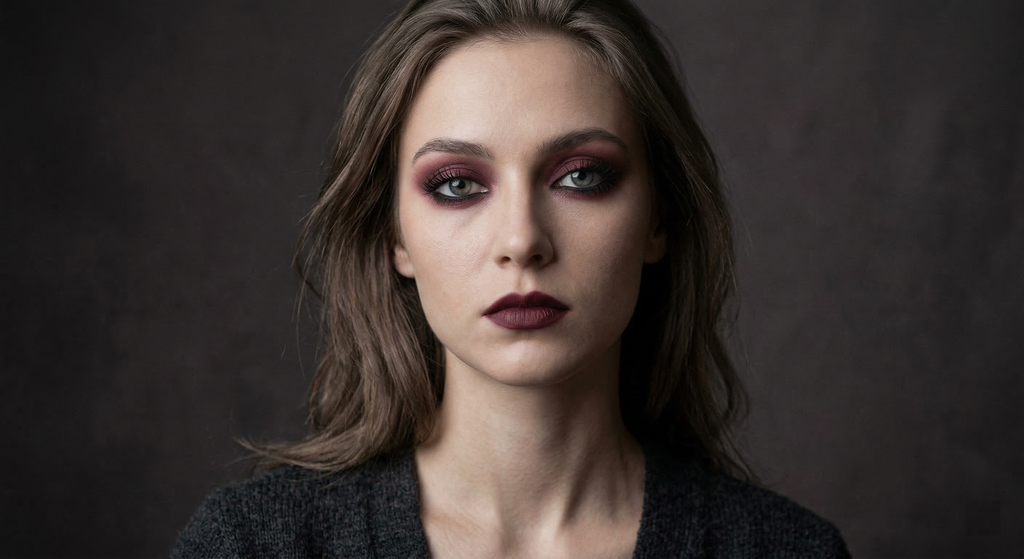 Goth-inspired Dusty Burgundy Smoke eye look for Soft Summer coloring