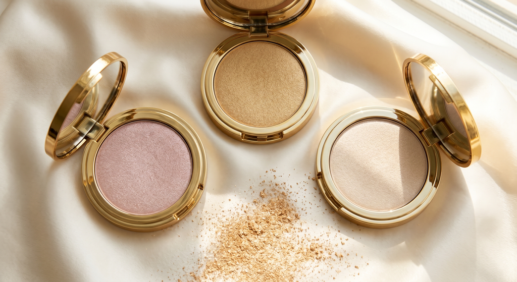 Three open highlighter compacts (warm gold, cool rose, and soft champagne) arranged on cream satin with loose shimmer powder in natural window light